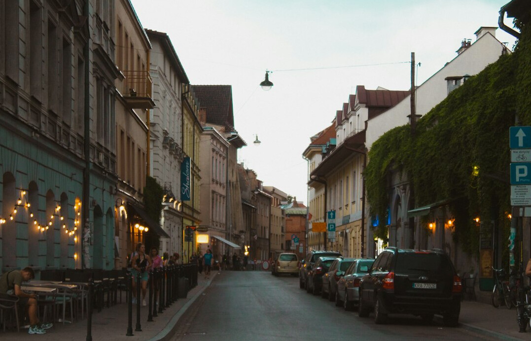 Quiet residential street in a small Polish town at dusk